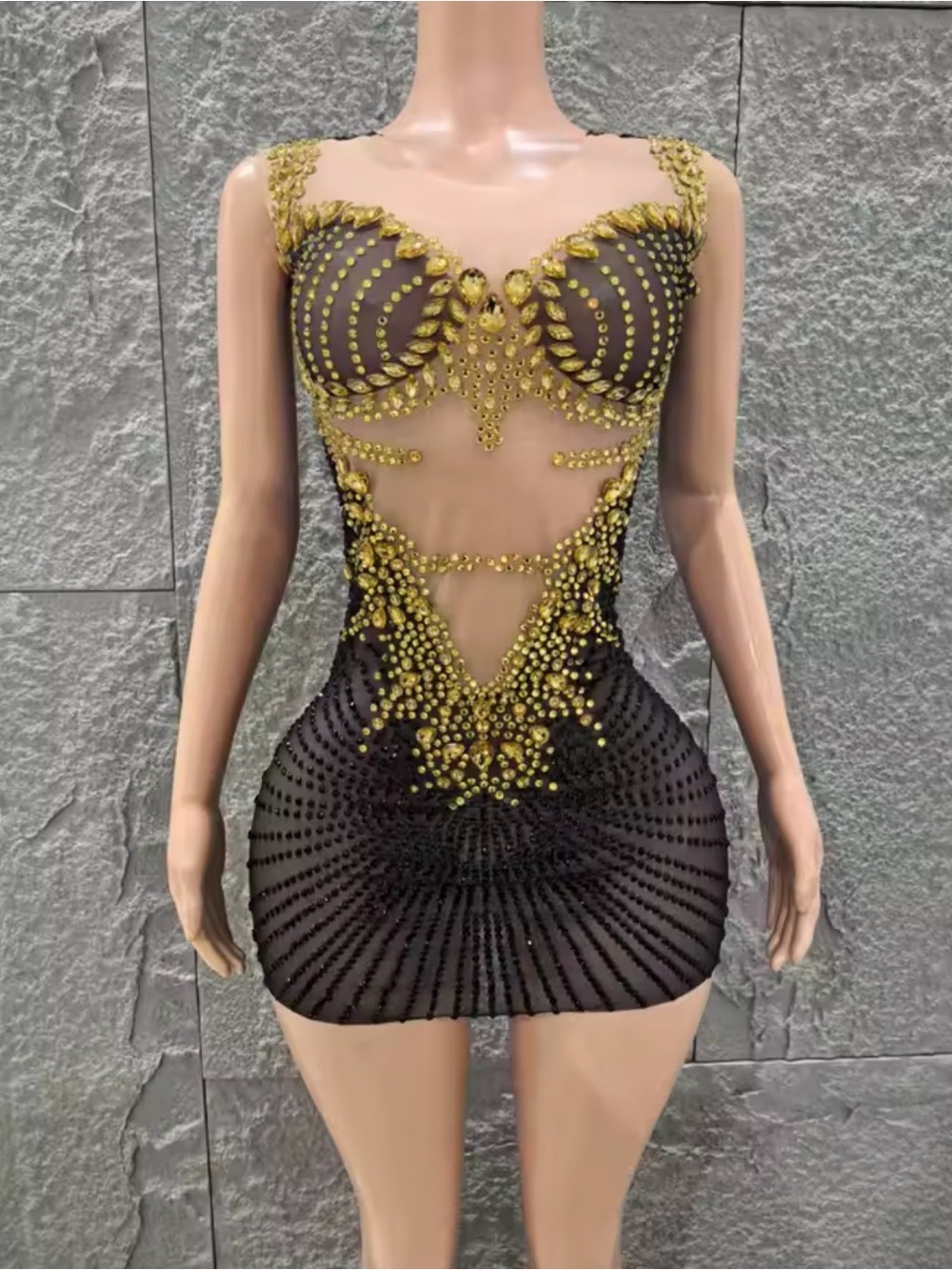 Sheer Black Mini Dress with black  Gold Embellishments